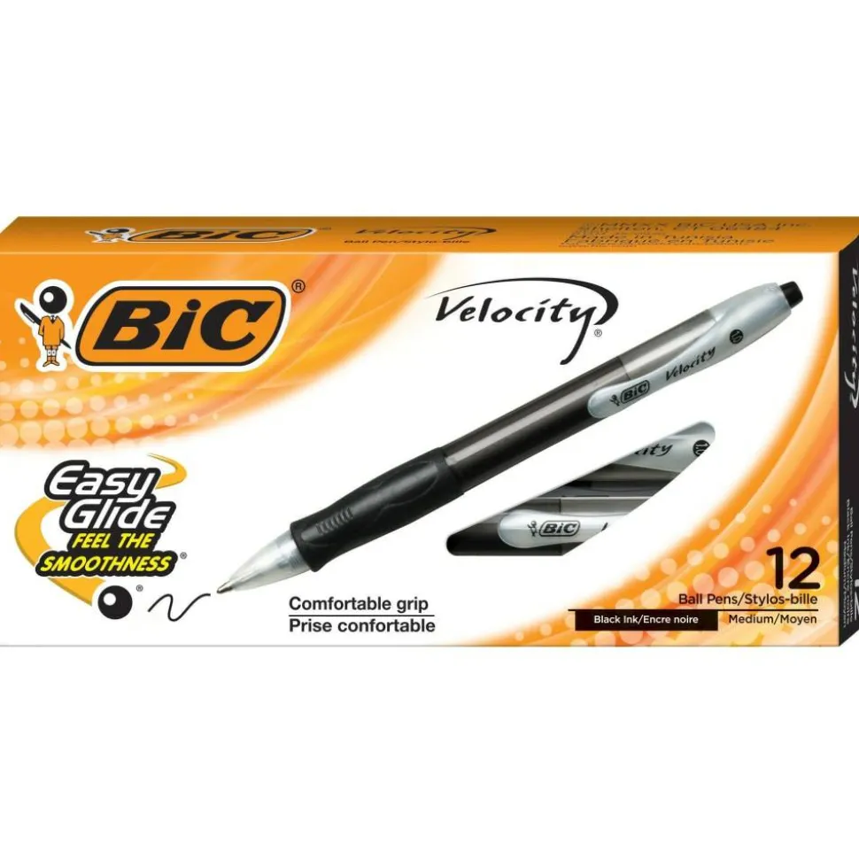 BIC Velocity Retractable Ballpoint Pens, Medium Point, 1.0 mm, Assorted Barrels, Black Ink, Pack Of 12