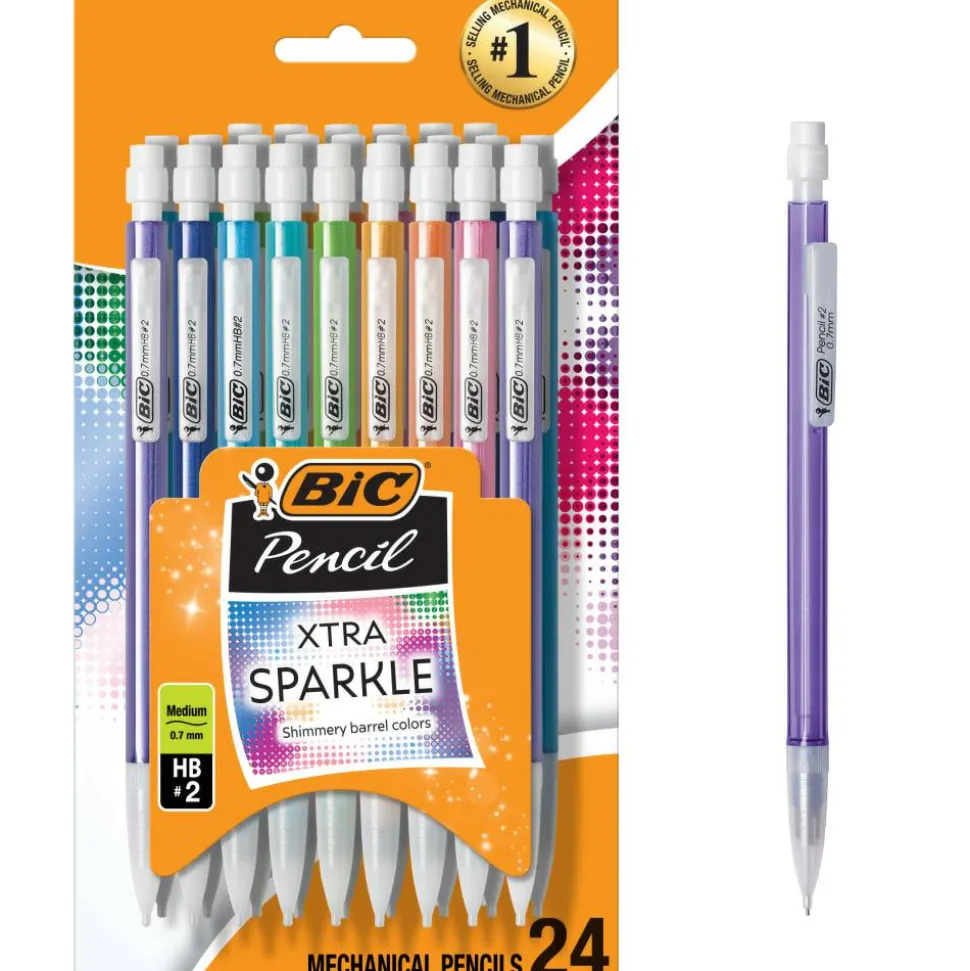 BIC Xtra Sparkle Mechanical Pencils, 0.7mm, #2 Lead, Assorted Barrel Color, Pack Of 24