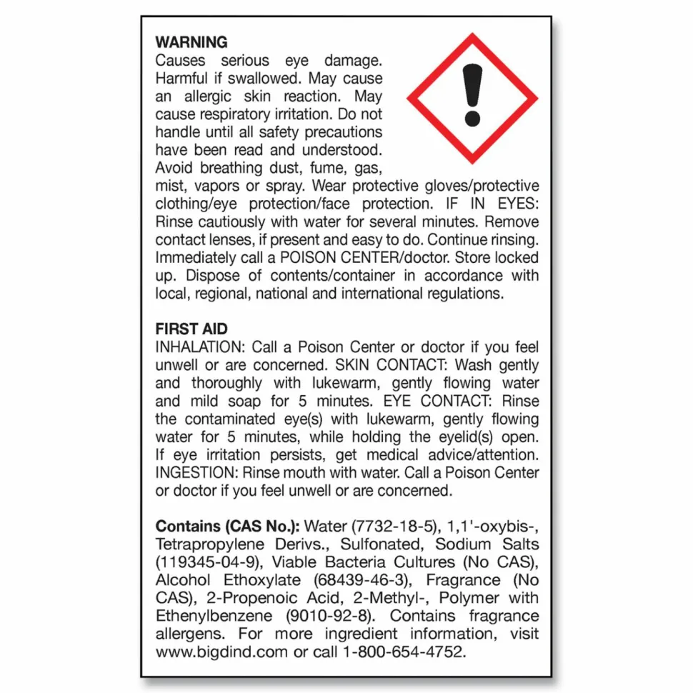 Big D Industries Enzym D Digester Liquid Deodorant, Lemon, 32 oz Bottle, 12/Carton
