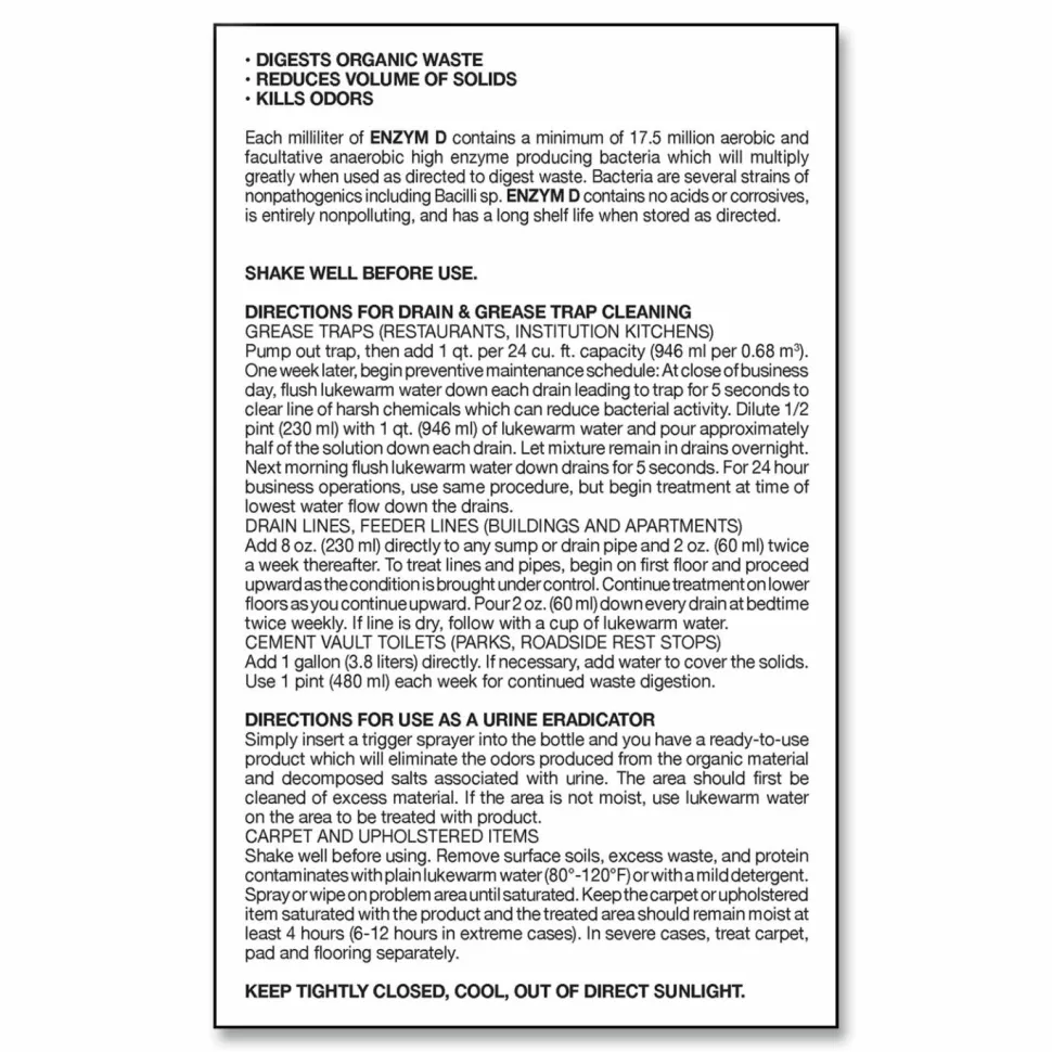 Big D Industries Enzym D Digester Liquid Deodorant, Lemon, 32 oz Bottle, 12/Carton