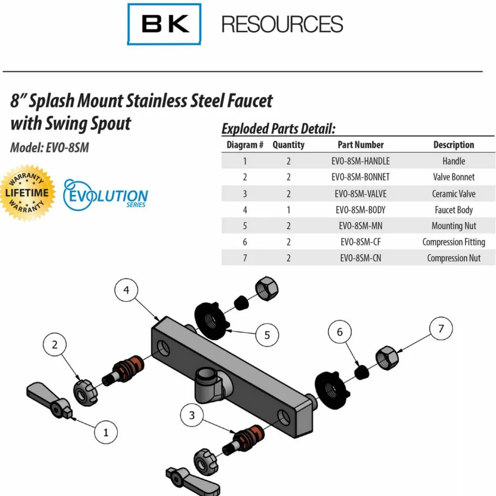 BK Resources Evolution Splash Mount Stainless Steel Faucet, 4.88" Height/10" Reach, Stainless Steel