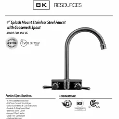 BK Resources Evolution Splash Mount Stainless Steel Faucet, 12.38" Height/8" Reach, Stainless Steel
