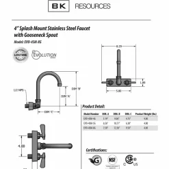BK Resources Evolution Splash Mount Stainless Steel Faucet, 12.38