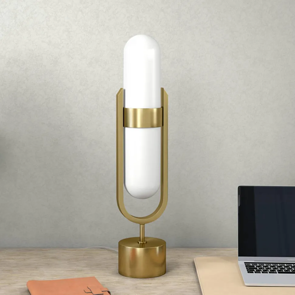Blair Pill-Shaped Table Lamp with Milk Glass Shade in Brass/White