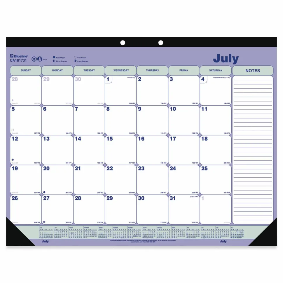 Blueline Academic 13-Month Desk Pad Calendar, 21.25 x 16, White/Blue/Green Sheets, Black Headband, 13-Month: July 2026 to July 2027, 2026 to 2027 Calendar