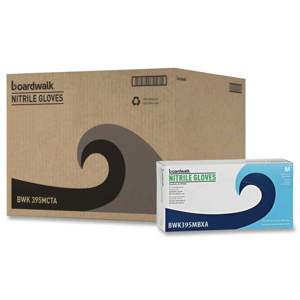 Boardwalk 395 Series Disposable General-Purpose Nitrile Gloves, Powder-Free, Medium, 5 mil Thick, 9.5" Long, Blue, 100/Box, 10 Boxes/CT