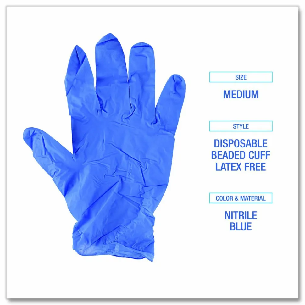 Boardwalk 380 Series Disposable General-Purpose Nitrile Gloves, Powder-Free, Medium, 4 mil Thick, 9.5" Long, Blue, 100/Box, 10 Boxes/CT