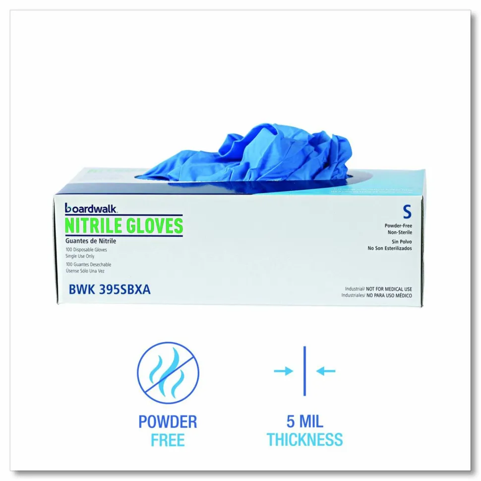 Boardwalk 395 Series Disposable General-Purpose Nitrile Gloves, Powder-Free, Small, 5 mil Thick, 9.5" Long, Blue, 100/Box