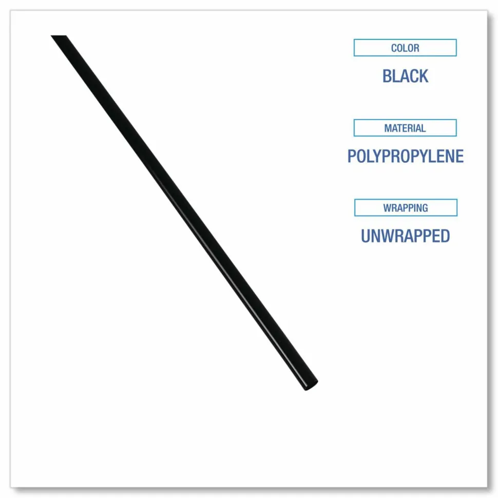 Boardwalk Cocktail Straws, 8", Polypropylene, Black, 500/Pack, 10 Packs/Carton