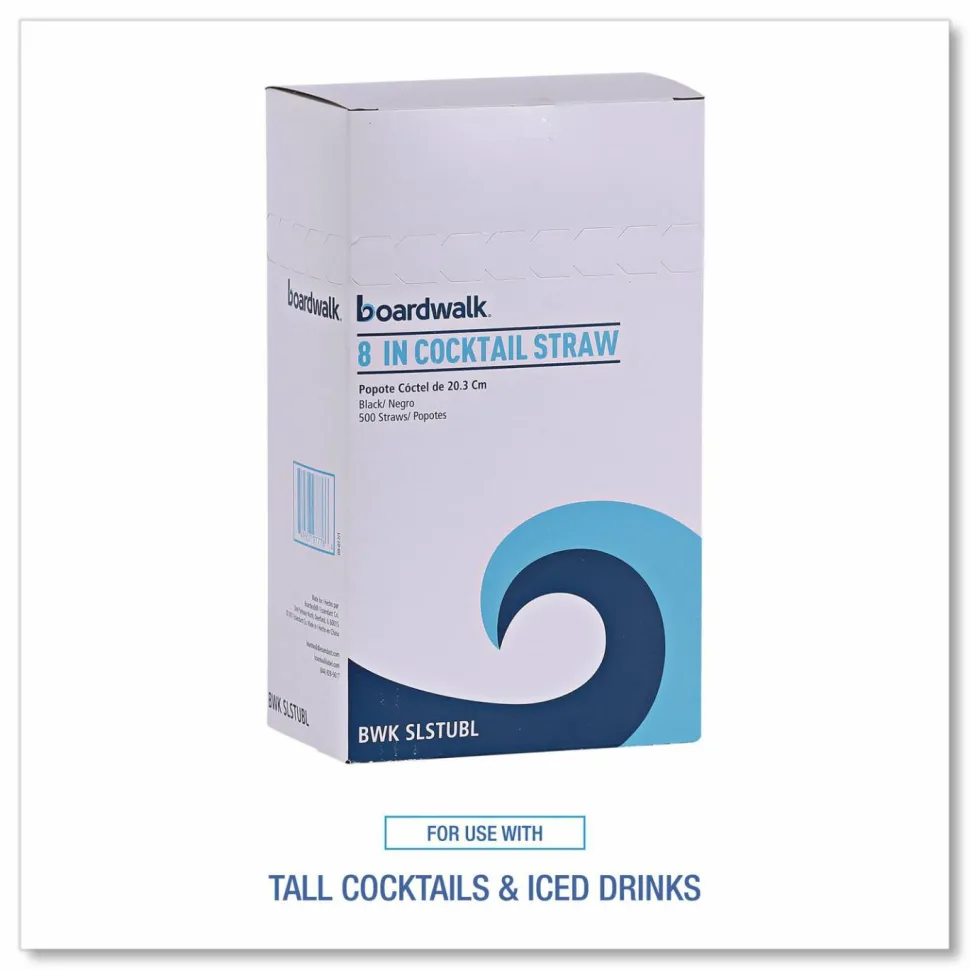 Boardwalk Cocktail Straws, 8", Polypropylene, Black, 500/Pack, 10 Packs/Carton
