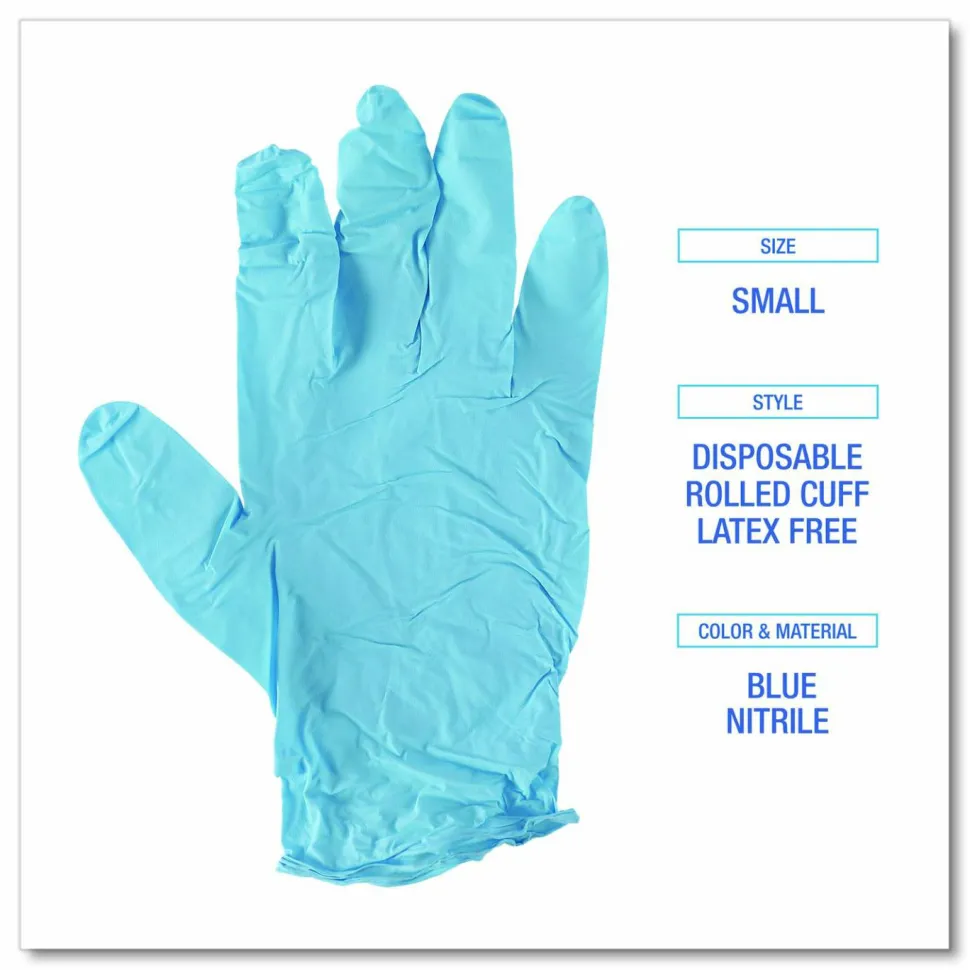 Boardwalk Disposable Examination Nitrile Gloves, Powder-Free, Small, 5 mil Thick, 9.5" Long, Blue, 100/Box, 10 Boxes/Carton