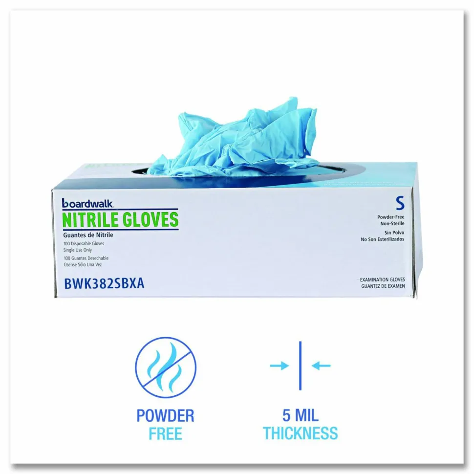 Boardwalk Disposable Examination Nitrile Gloves, Powder-Free, Small, 5 mil Thick, 9.5" Long, Blue, 100/Box, 10 Boxes/Carton