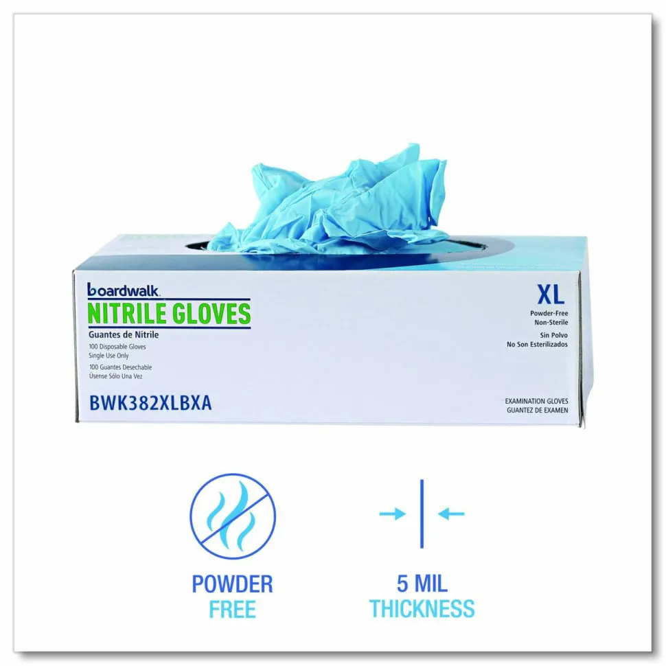 Boardwalk Disposable Examination Nitrile Gloves, Powder-Free, X-Large, 5 mil Thick, 9.5" Long, Blue, 100/Box, 10 Boxes/Carton