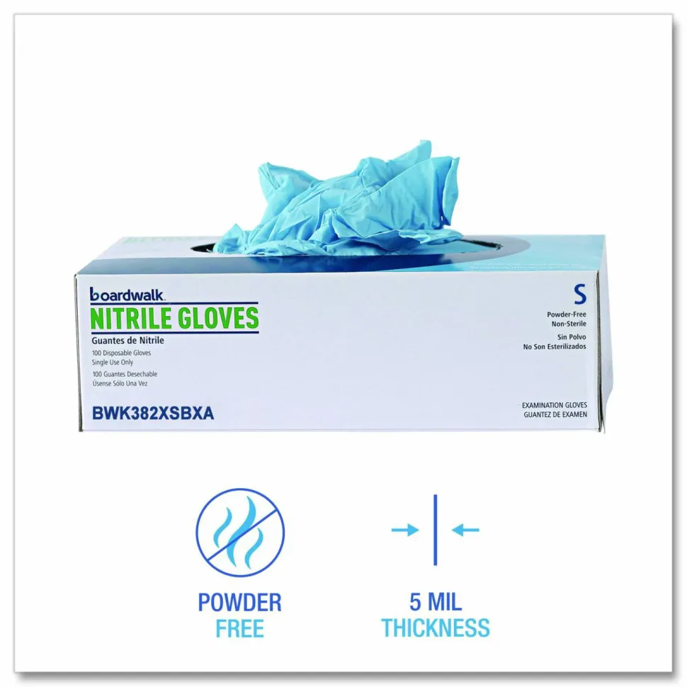 Boardwalk Disposable Examination Nitrile Gloves, Powder-Free, X-Small, 5 mil Thick, 9.5" Long, Blue, 100/Box