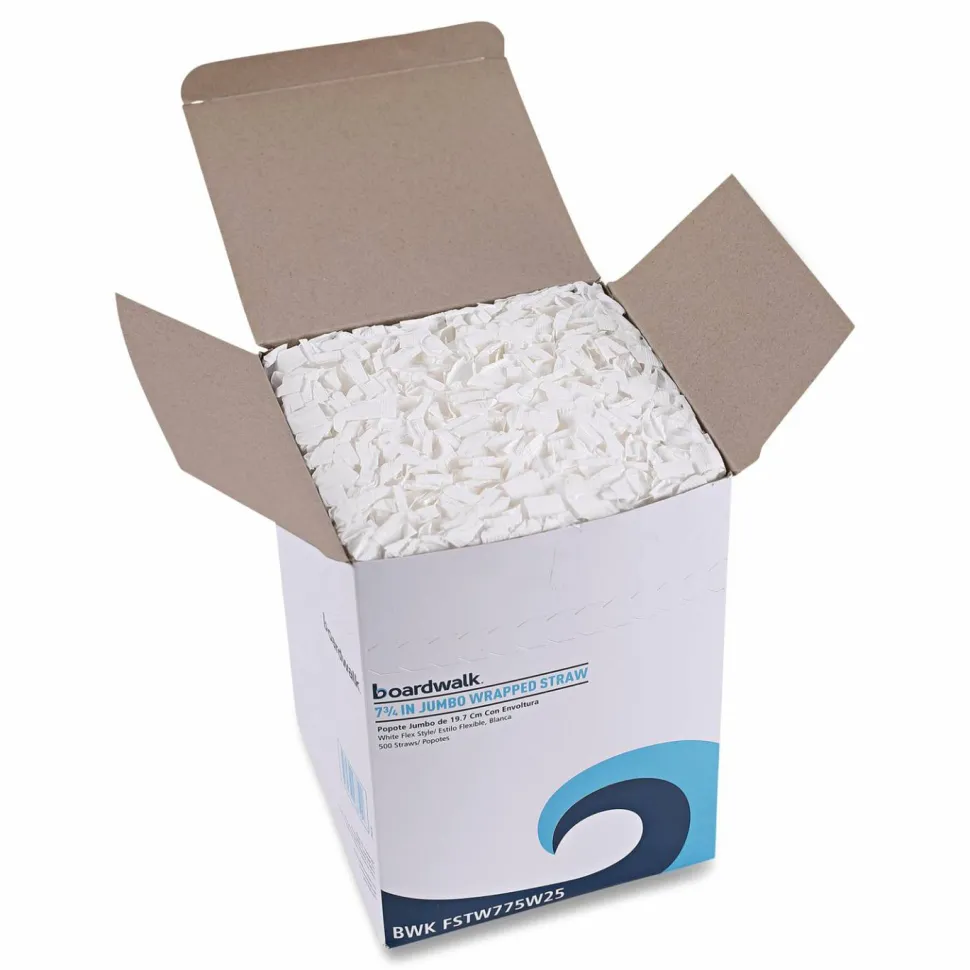 Boardwalk Flexible Wrapped Straws, 7.75", Plastic, White, 500/Pack, 20 Packs/Carton