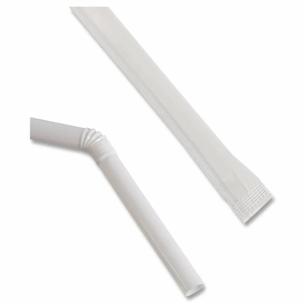 Boardwalk Flexible Wrapped Straws, 7.75", Plastic, White, 500/Pack, 20 Packs/Carton