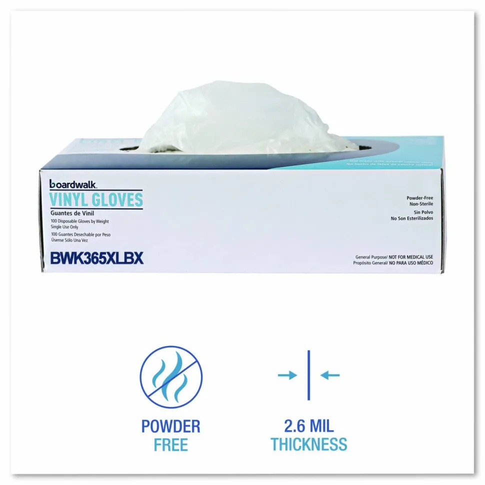 Boardwalk General Purpose Vinyl Gloves, Powder-Free, X-Large, 2.6 mil Thick, 9.5" Long, Clear, 100/Box, 10 Boxes/Carton