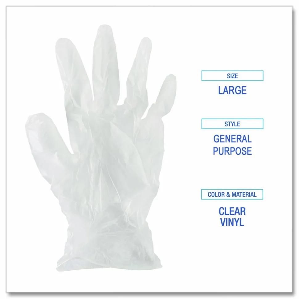 Boardwalk General Purpose Vinyl Gloves, Powder-Free, Large, 2.6 mil Thick, 9.5" Long, Clear, 100/Box, 10 Boxes/Carton