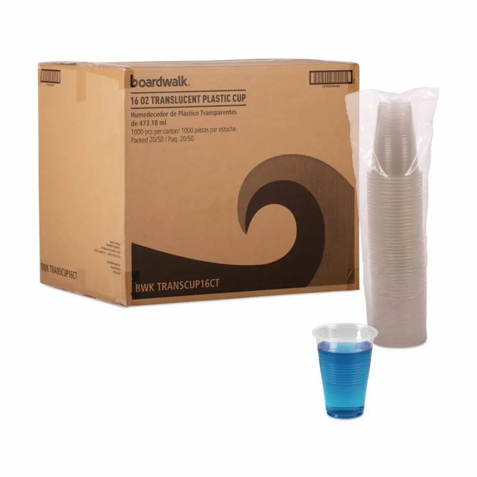 Boardwalk Translucent Plastic Cold Cups, 16 oz, 50/Sleeve, 20 Sleeves/Carton