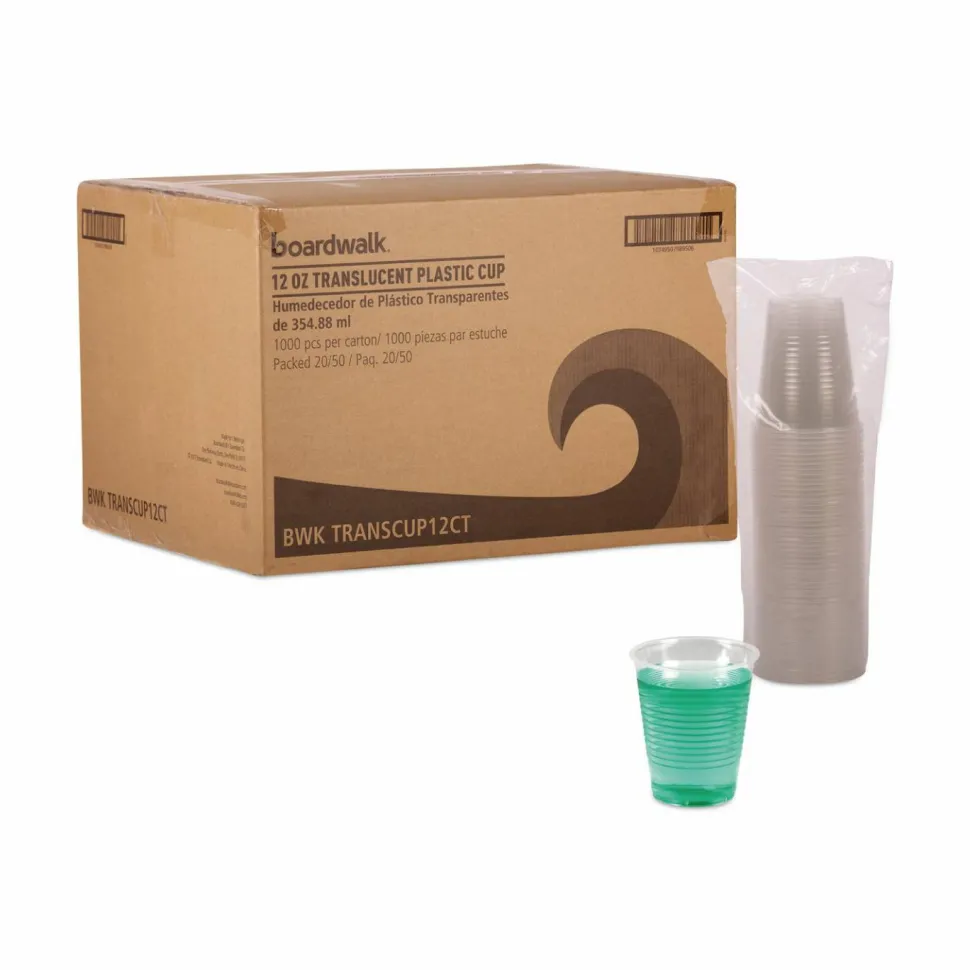 Boardwalk Translucent Plastic Cold Cups, 12 oz, 50/Sleeve, 20 Sleeves/Carton