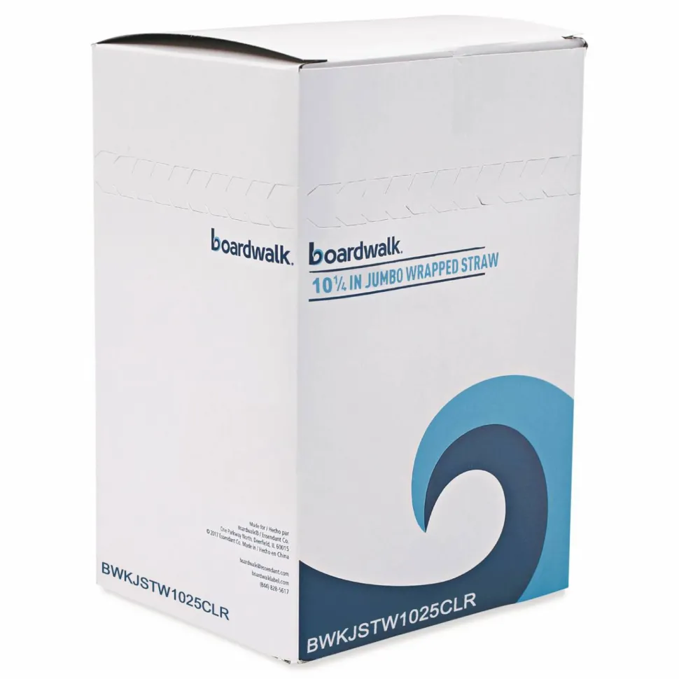 Boardwalk Wrapped Giant Straws, 10.25", Polypropylene, Clear, 100/Pack, 10 Packs/Carton