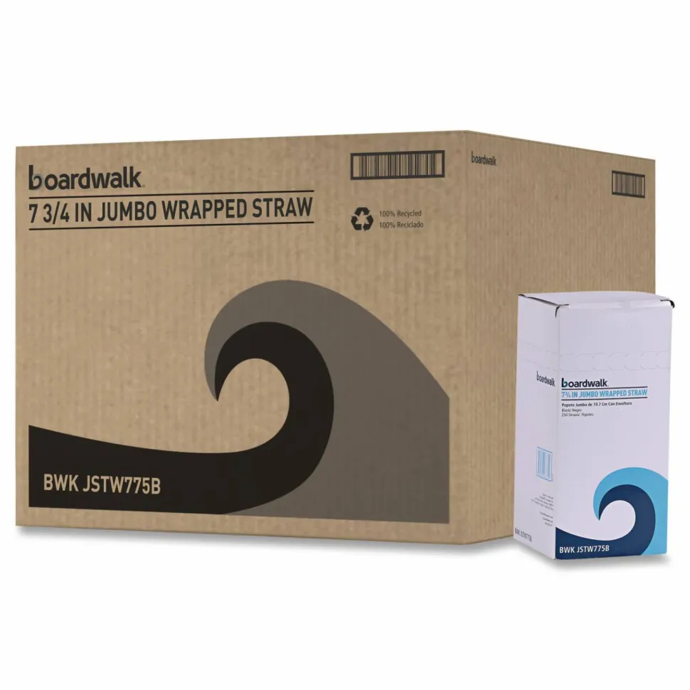 Boardwalk Wrapped Jumbo Straws, 7.75", Polypropylene, Black, 250/Pack, 50 Packs/Carton