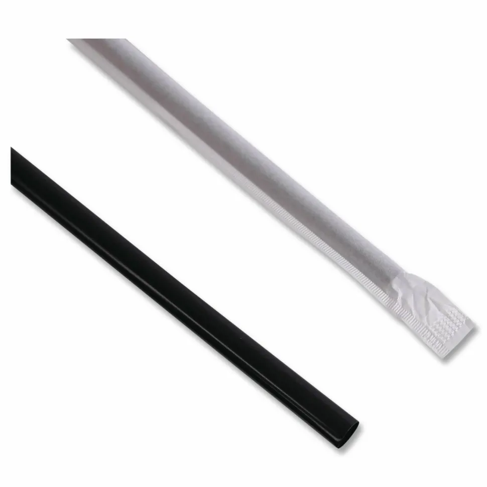 Boardwalk Wrapped Jumbo Straws, 7.75", Polypropylene, Black, 250/Pack, 50 Packs/Carton
