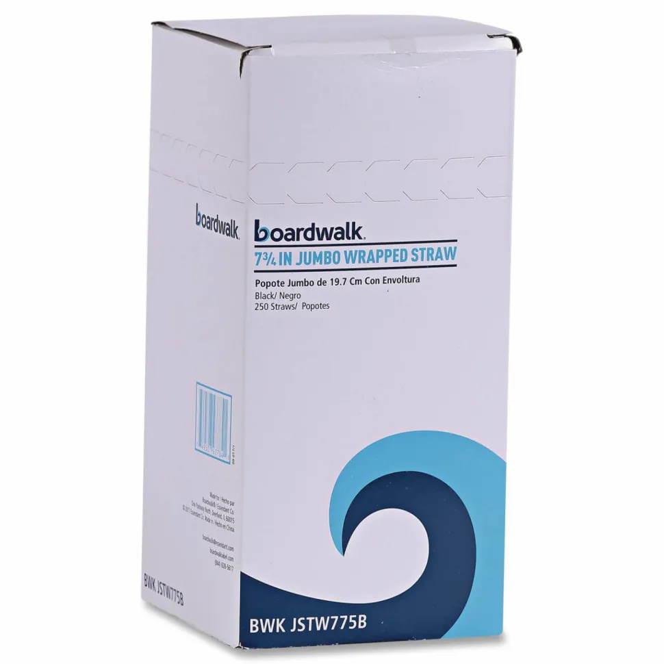 Boardwalk Wrapped Jumbo Straws, 7.75", Polypropylene, Black, 250/Pack, 50 Packs/Carton