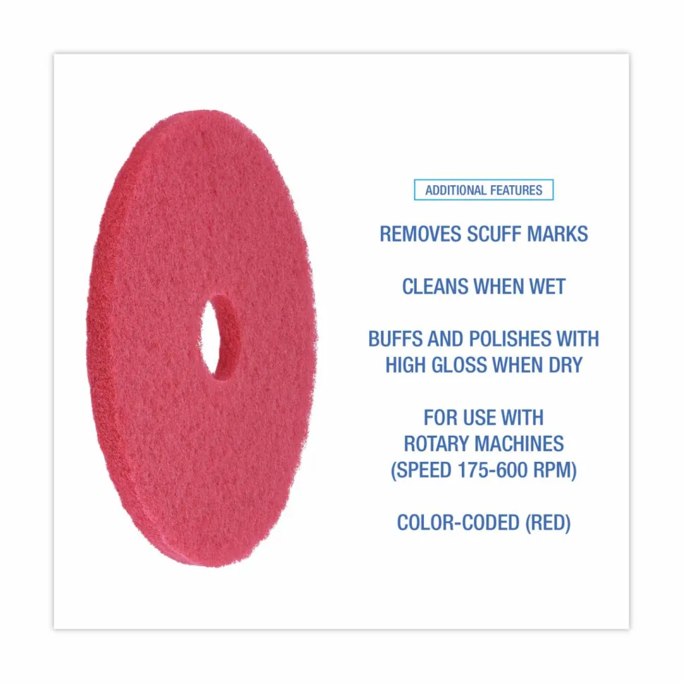 Boardwalk Buffing Floor Pads, 17" Diameter, Red, 5/Carton