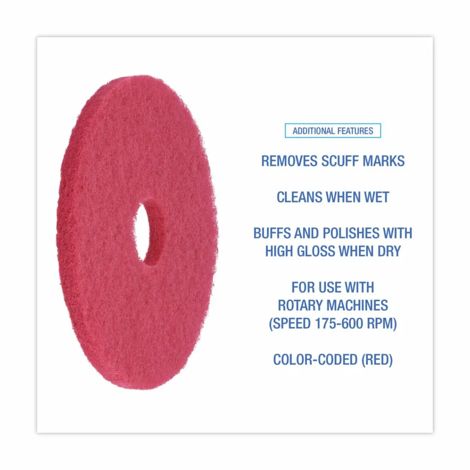 Boardwalk Buffing Floor Pads, 15" Diameter, Red, 5/Carton