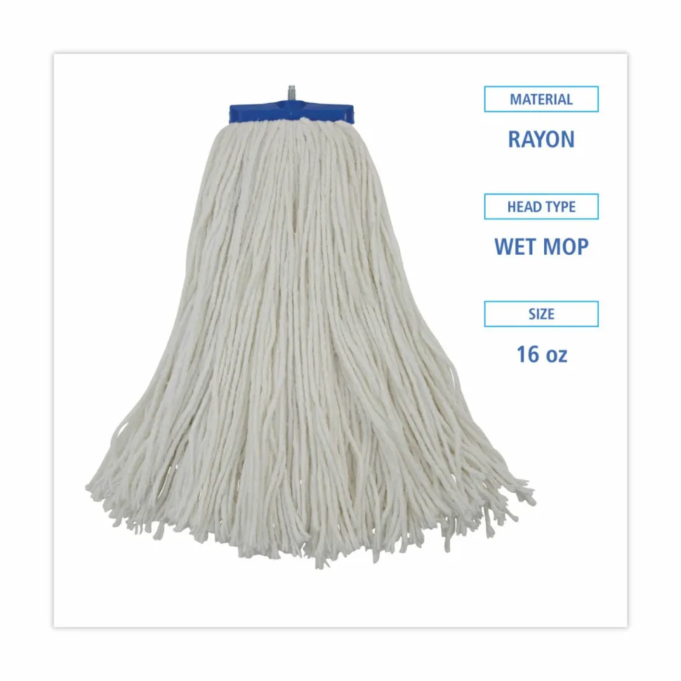 Boardwalk Cut-End Lie-Flat Wet Mop Head, Rayon, 16oz, White, 12/Carton