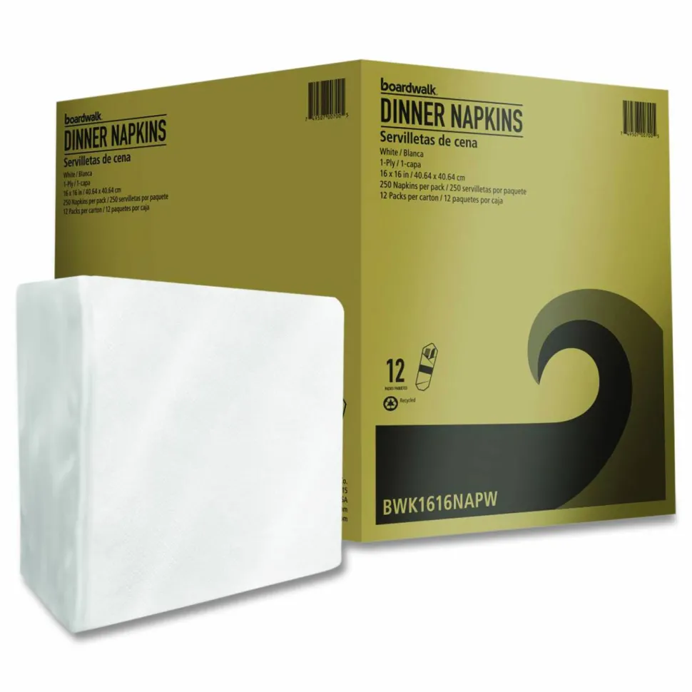 Boardwalk Dinner Napkins, 1-Ply, 16" x 16", White, 250/Pack, 12 Packs/Carton