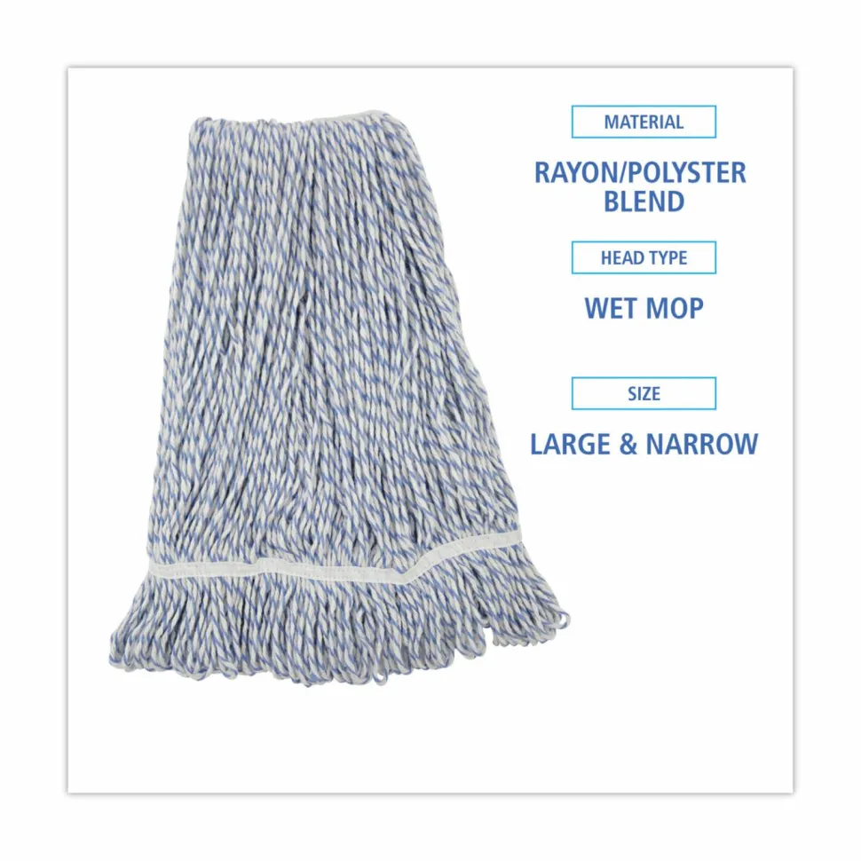 Boardwalk Floor Finish Mop Head, Narrow, Rayon/Polyester, Large, White/Blue Stripes, 12/Carton