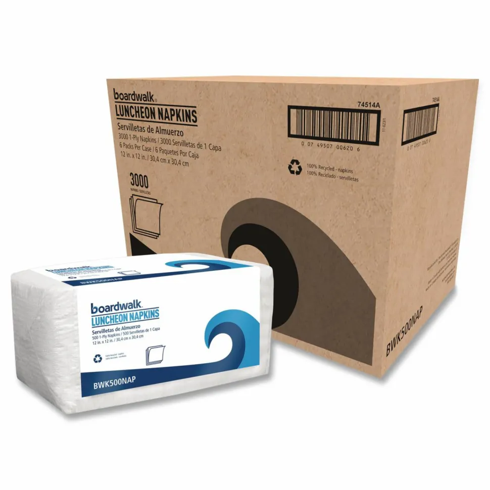 Boardwalk 1/4-Fold Lunch Napkins, 1-Ply, 12 x 12, White, 500/Pack, 6 Packs/Carton