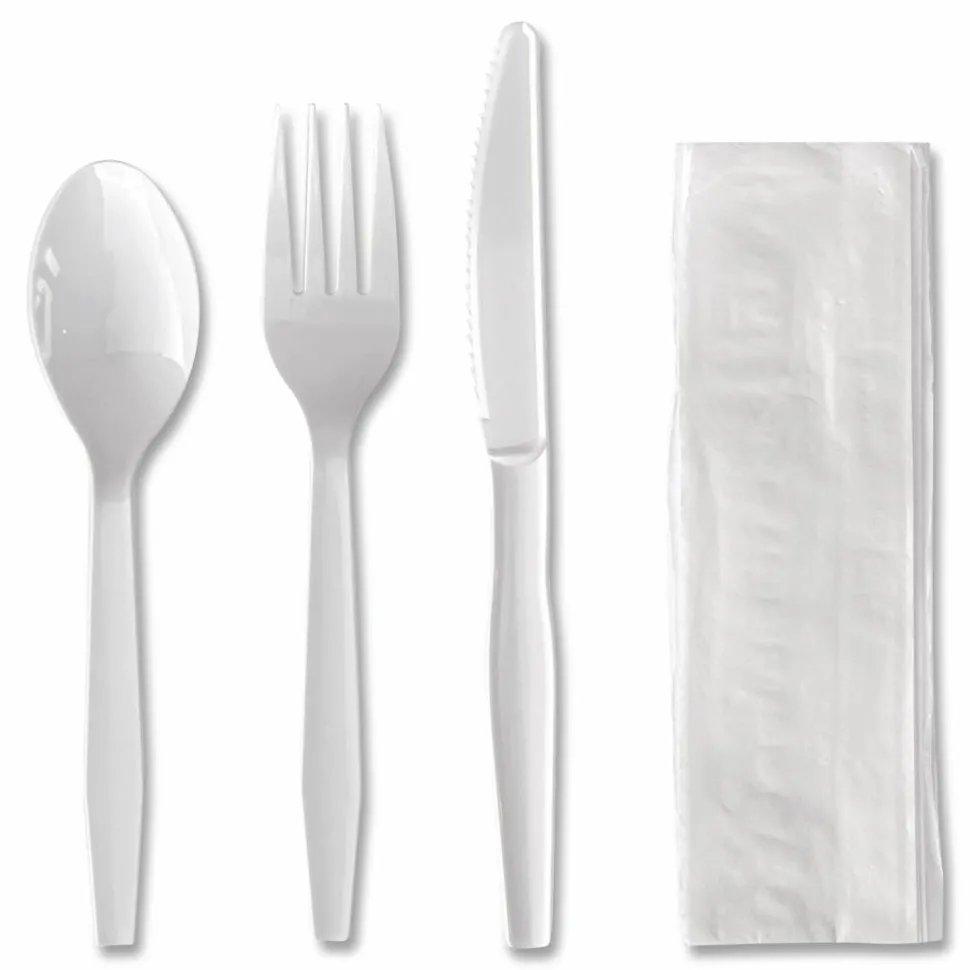 Boardwalk Four-Piece Polystyrene Cutlery Kit, Mediumweight, Fork/Knife/Napkin/Spoon, Plastic, White, 250/Carton