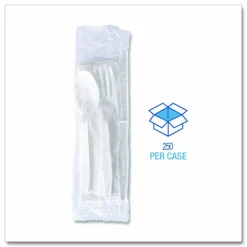 Boardwalk Four-Piece Polystyrene Cutlery Kit, Mediumweight, Fork/Knife/Napkin/Spoon, Plastic, White, 250/Carton