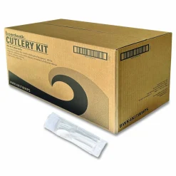 Boardwalk Four-Piece Polystyrene Cutlery Kit, Mediumweight, Fork/Knife/Napkin/Spoon, Plastic, White, 250/Carton