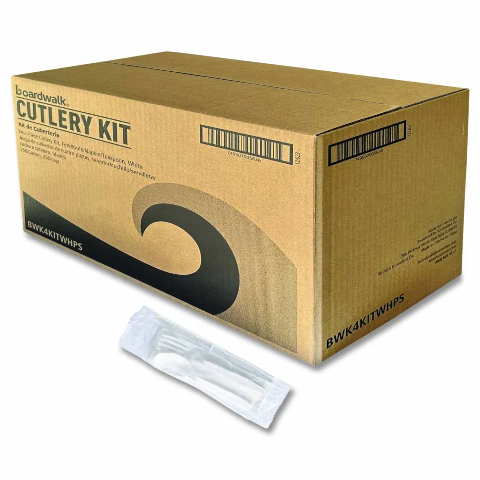 Boardwalk Four-Piece Polystyrene Cutlery Kit, Mediumweight, Fork/Knife/Napkin/Spoon, Plastic, White, 250/Carton
