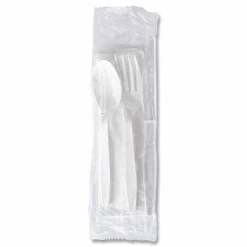 Boardwalk Four-Piece Polystyrene Cutlery Kit, Mediumweight, Fork/Knife/Napkin/Spoon, Plastic, White, 250/Carton