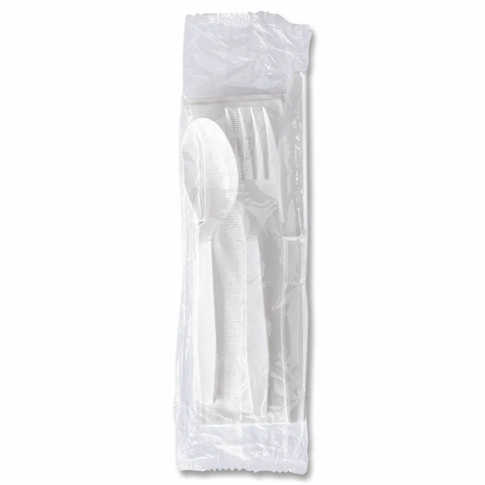 Boardwalk Four-Piece Polystyrene Cutlery Kit, Mediumweight, Fork/Knife/Napkin/Spoon, Plastic, White, 250/Carton