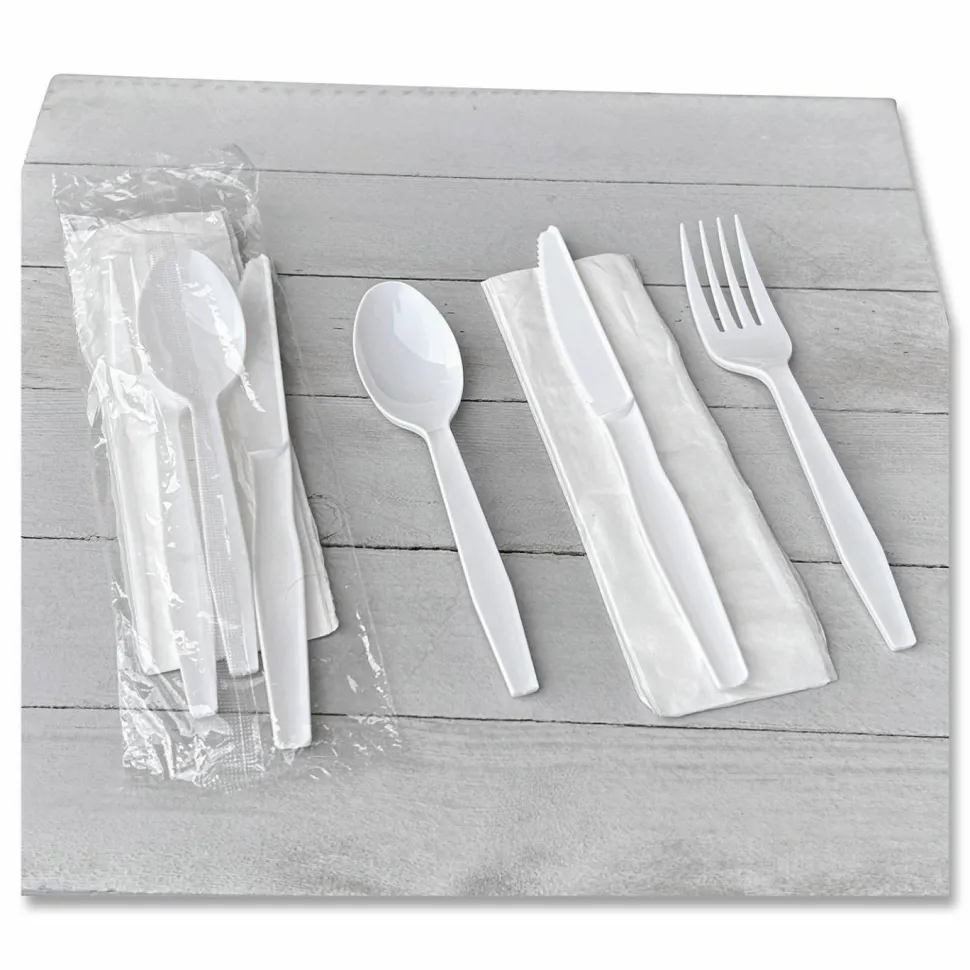 Boardwalk Four-Piece Polystyrene Cutlery Kit, Mediumweight, Fork/Knife/Napkin/Spoon, Plastic, White, 250/Carton