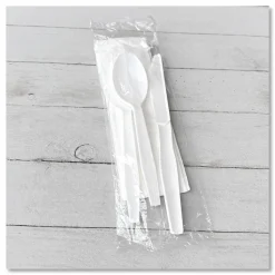 Boardwalk Four-Piece Polystyrene Cutlery Kit, Mediumweight, Fork/Knife/Napkin/Spoon, Plastic, White, 250/Carton