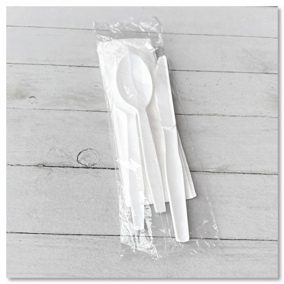 Boardwalk Four-Piece Polystyrene Cutlery Kit, Mediumweight, Fork/Knife/Napkin/Spoon, Plastic, White, 250/Carton