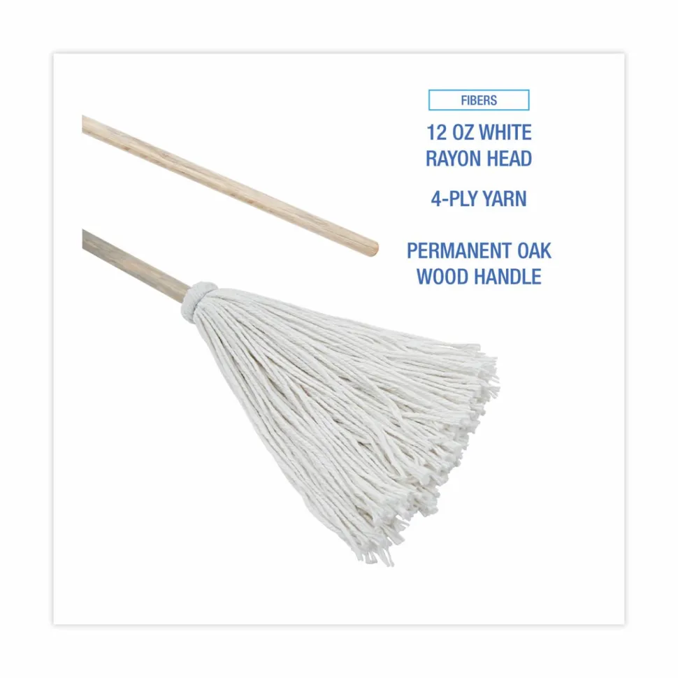 Boardwalk Handle/Deck Mops, #12 White Rayon Head, 48" Natural Wood Handle, 6/Pack