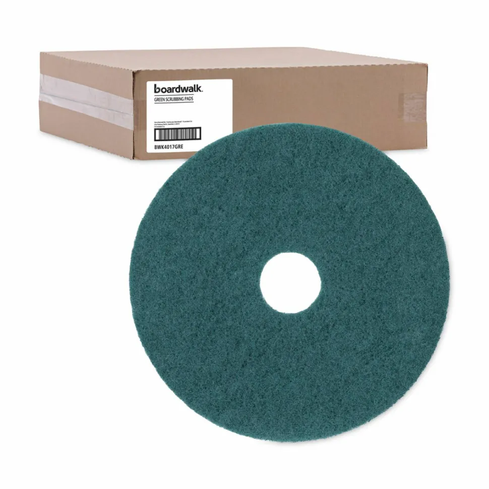 Boardwalk Heavy-Duty Scrubbing Floor Pads, 17" Diameter, Green, 5/Carton