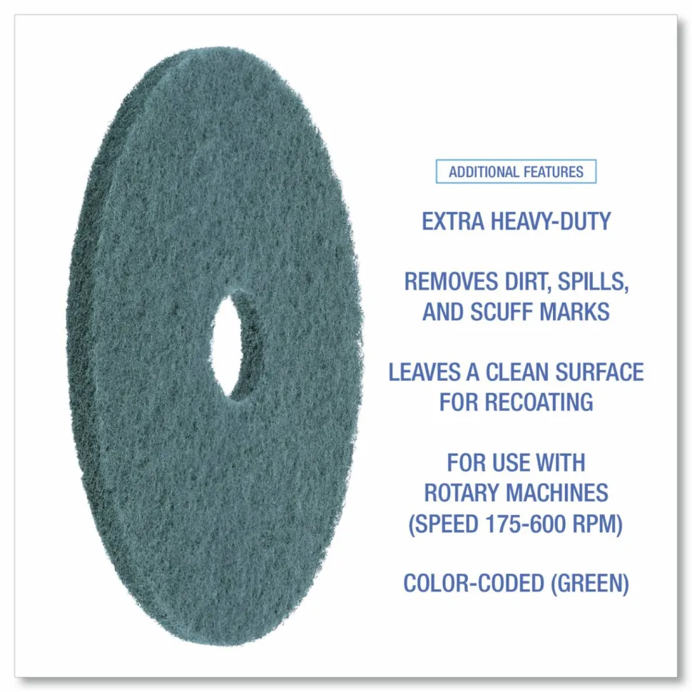 Boardwalk Heavy-Duty Scrubbing Floor Pads, 17" Diameter, Green, 5/Carton
