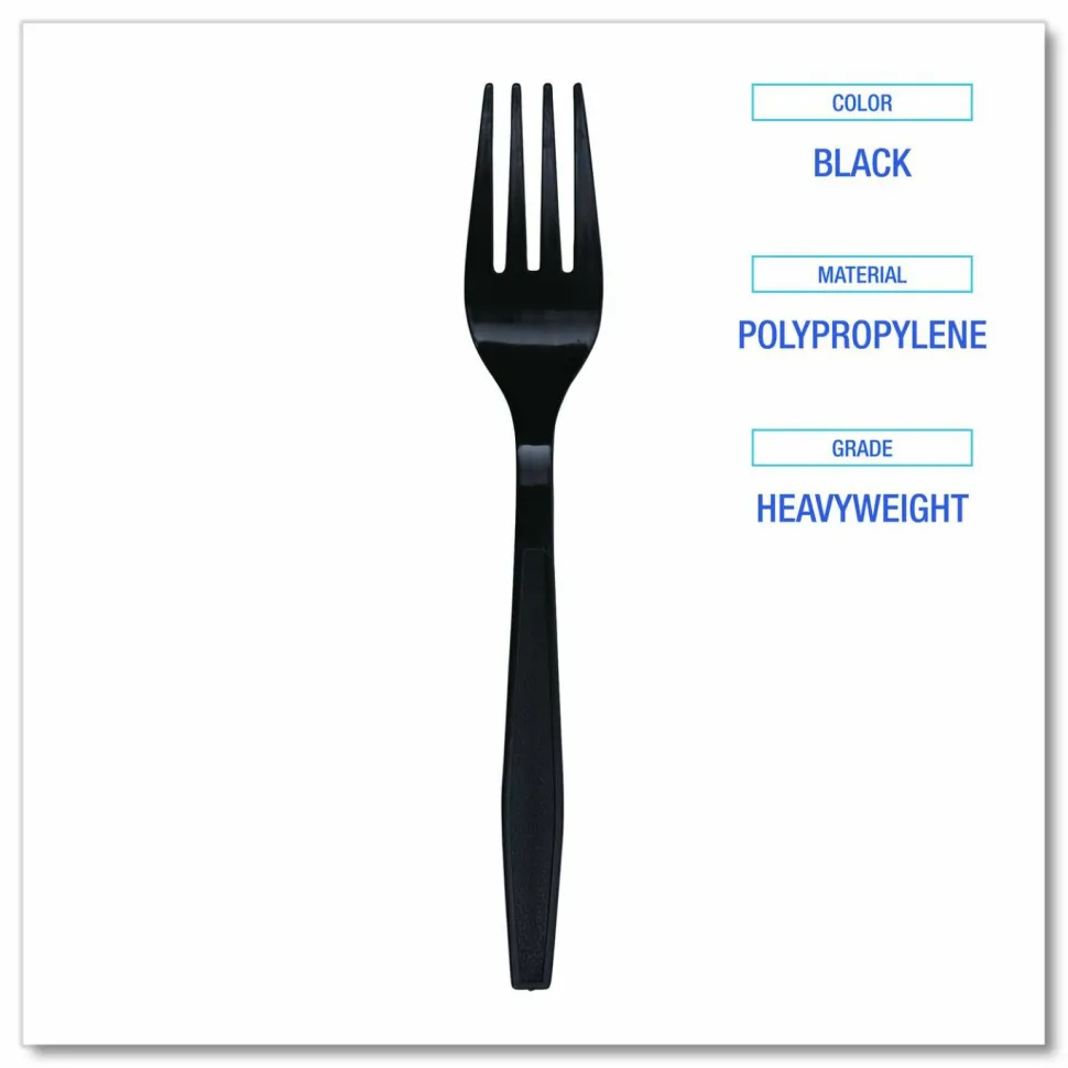 Boardwalk Heavyweight Polypropylene Cutlery, Fork, Plastic, Black, 1,000/Carton