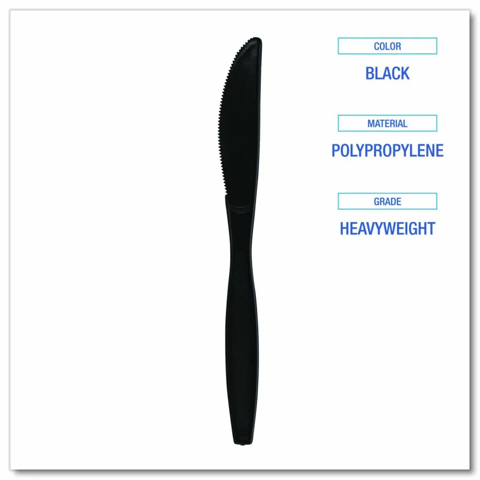 Boardwalk Heavyweight Polypropylene Cutlery, Knife, Plastic, Black, 1,000/Carton
