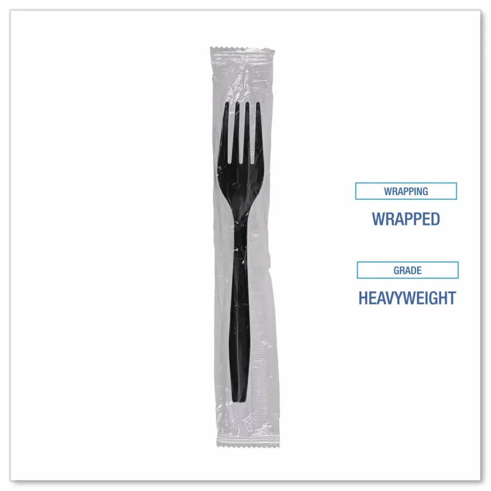 Boardwalk Heavyweight Wrapped Polypropylene Cutlery, Fork, Plastic, Black, 1,000/Carton