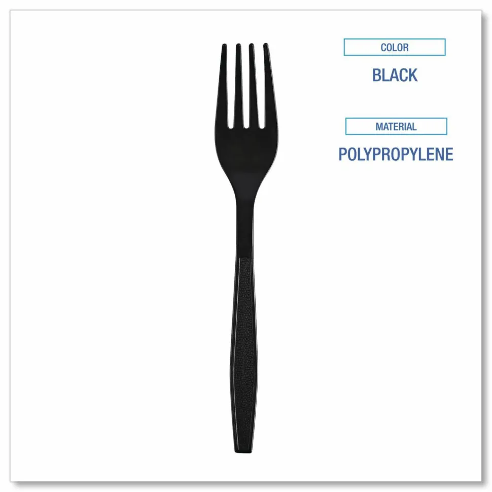 Boardwalk Heavyweight Wrapped Polypropylene Cutlery, Fork, Plastic, Black, 1,000/Carton